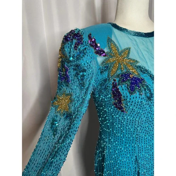 Vintage‎ Alyce Designs 100% Silk Beaded Floor Length Dress 1980s Blue Teal Sz 10